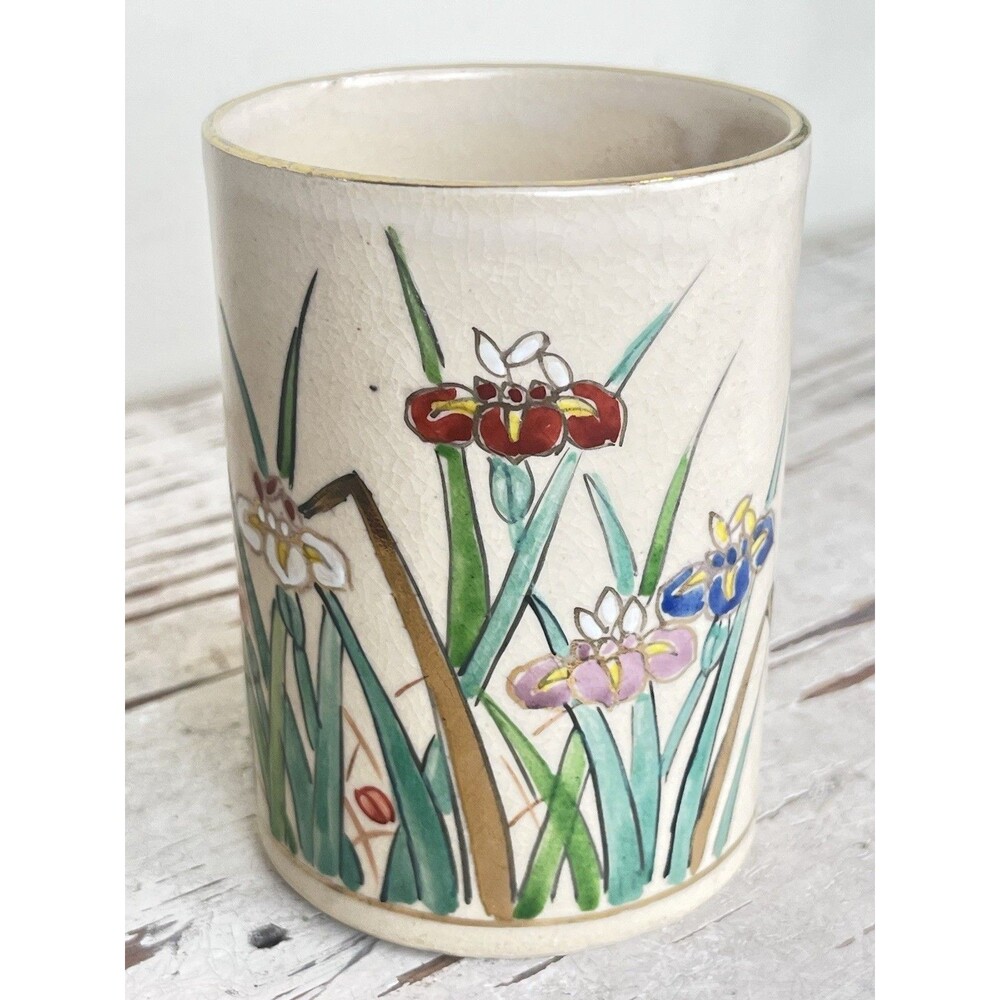 Vintage Crazed Hand Painted Floral Vase / Tea Cup / Pen Toothbrush Vase Japan